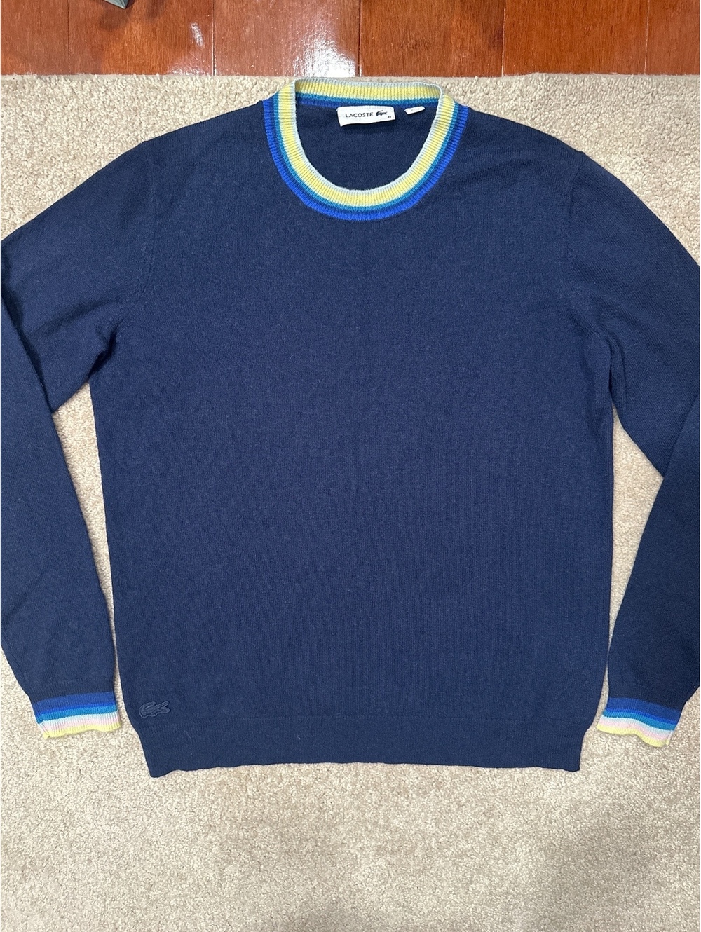 (5)Lacoste Navy Blue Cashmere Crew Neck Sweater with Colorful Trim